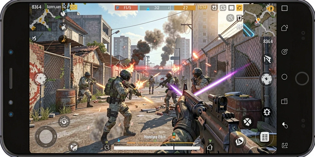 Screenshot utama 8364 menampilkan aksi pertempuran yang intens dalam permainan FPS.