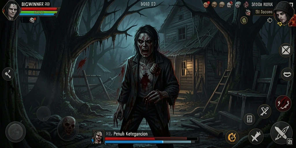 Screenshot gameplay Bigwinner yang menampilkan suasana menakutkan dan misterius.
