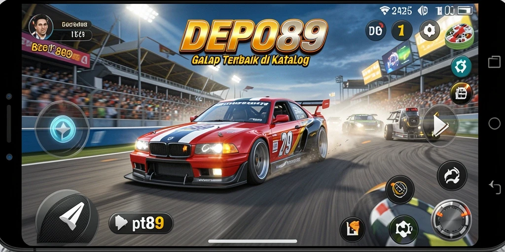 Gameplay balapan mendebarkan dalam DEPO89 dengan mobil cepat dan lintasan menantang.