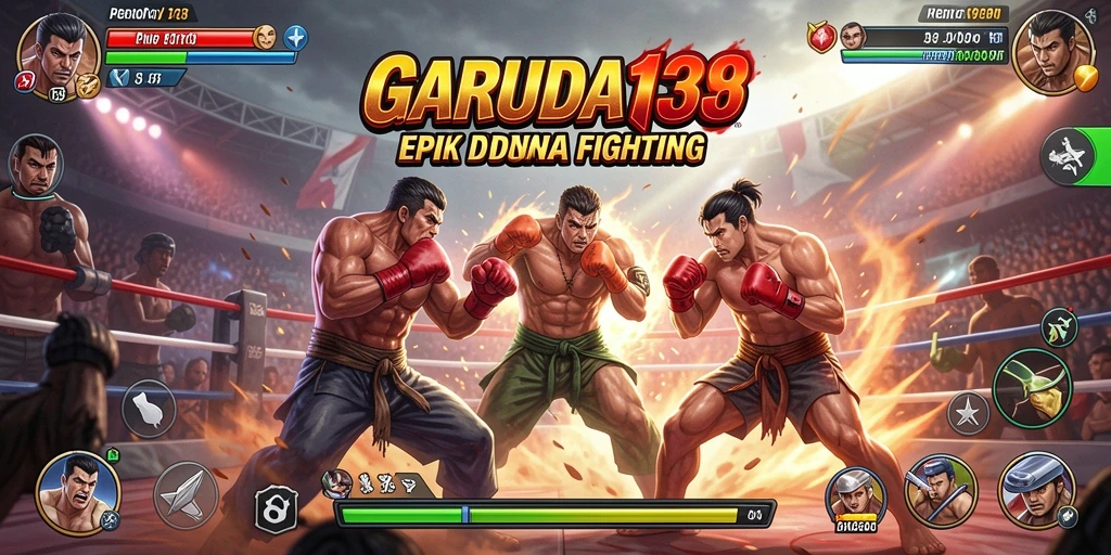 Tampilan gameplay pertarungan epik di GARUDA138 dengan karakter beraksi.
