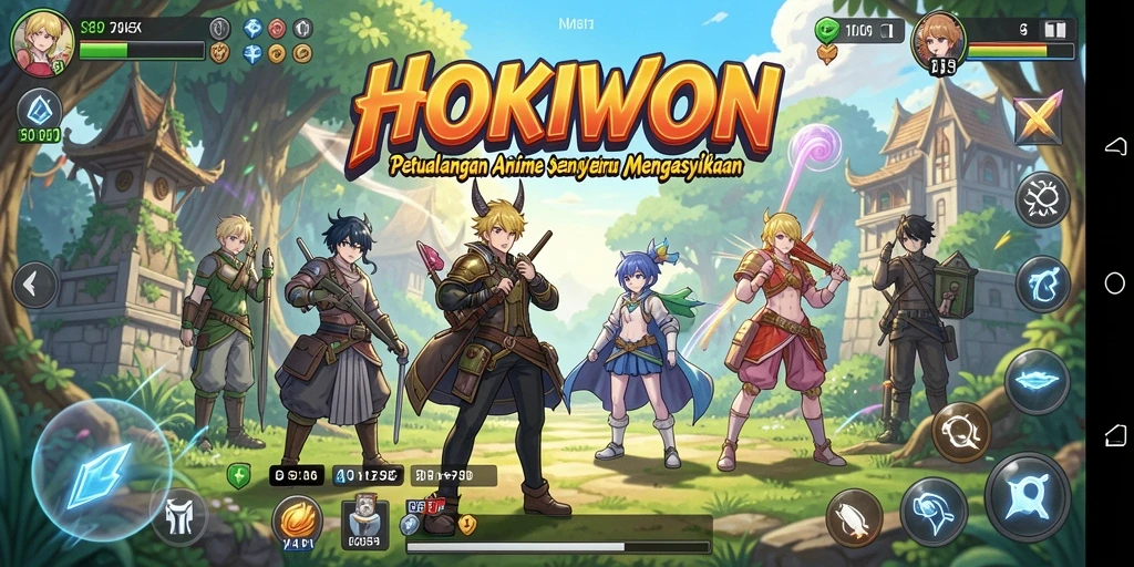 Tampilan screenshot HOKIWON menampilkan karakter-karakter anime dalam aksi seru.