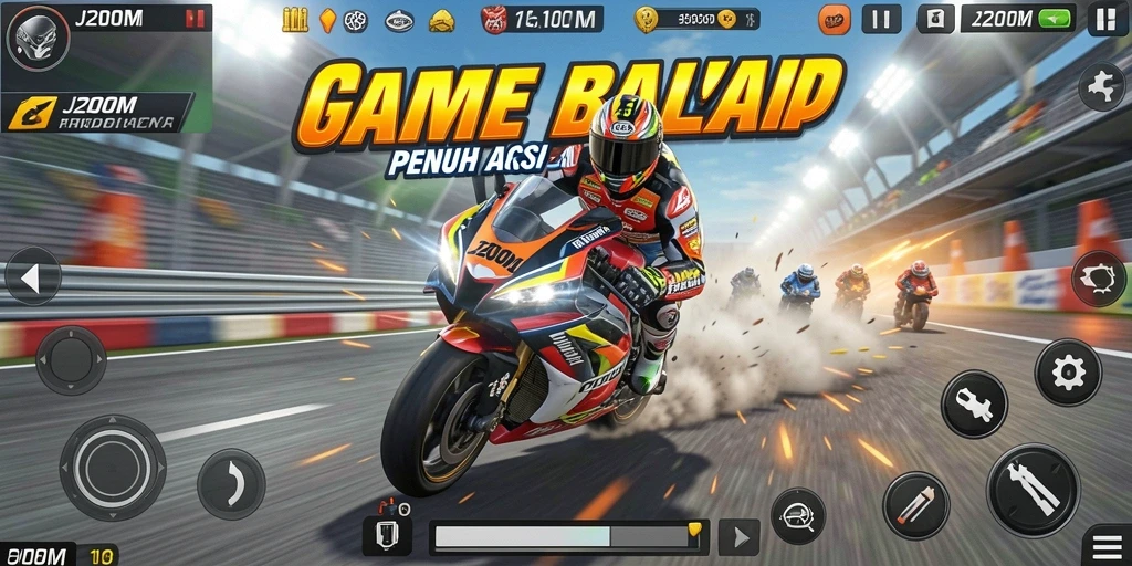 Screenshot gameplay menampilkan aksi balap motor yang intens.