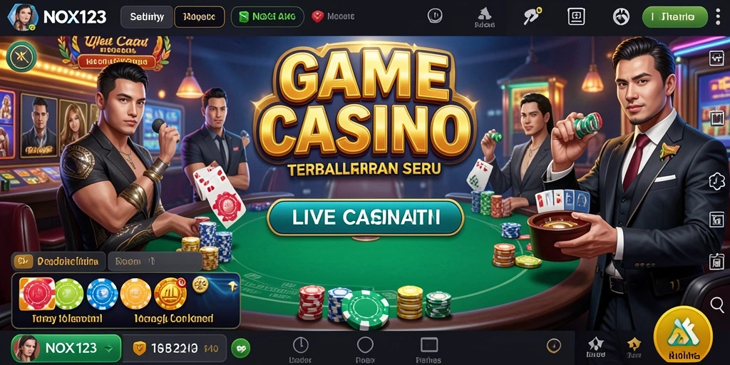 Screenshot gameplay <strong>NOX123</strong> menampilkan dealer dan pemain dalam suasana Live Casino.