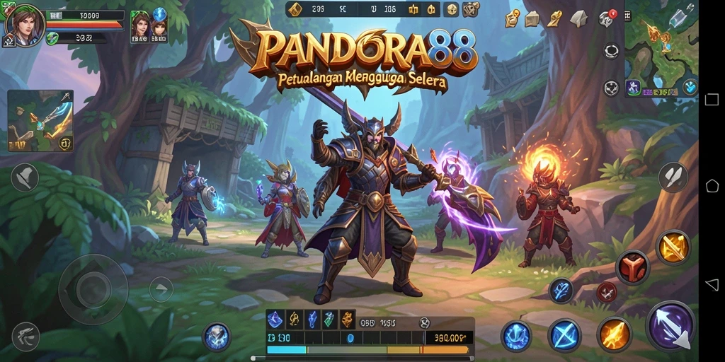 Screenshot utama PANDORA88 menampilkan aksi pertarungan epik dan karakter menawan.