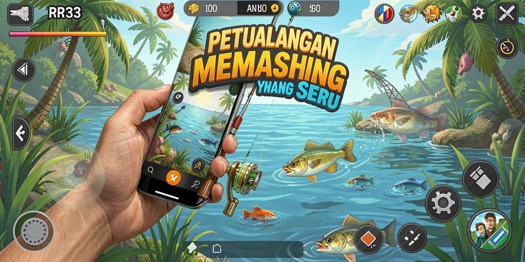 Screenshot gameplay RR33: Menangkap ikan di danau yang indah.