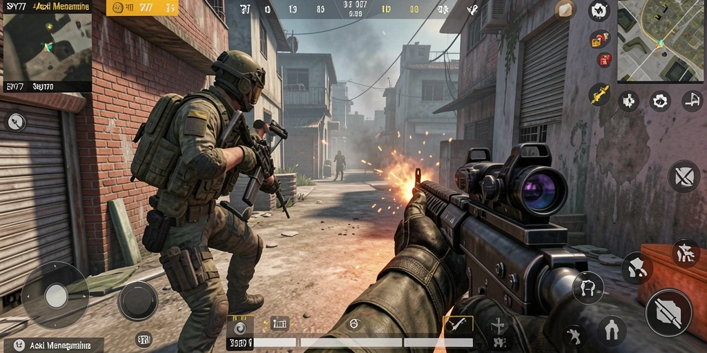Screenshot utama SPY77 menampilkan aksi intens di medan perang FPS.