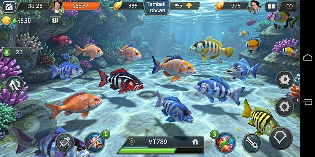 Screenshot utama VT789 menampilkan aksi seru tembak ikan.